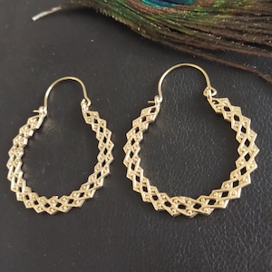 Boucles D&#39;oreilles Créoles Dentelées || Créoles Ethniques Femme || Boucles d&#39;Oreilles Orientales   || Bijoux Ethniques en Laiton