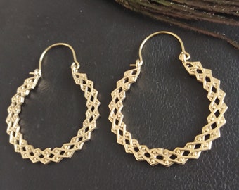 Boucles D'oreilles Créoles Dentelées || Créoles Ethniques Femme || Boucles d'Oreilles Orientales   || Bijoux Ethniques en Laiton