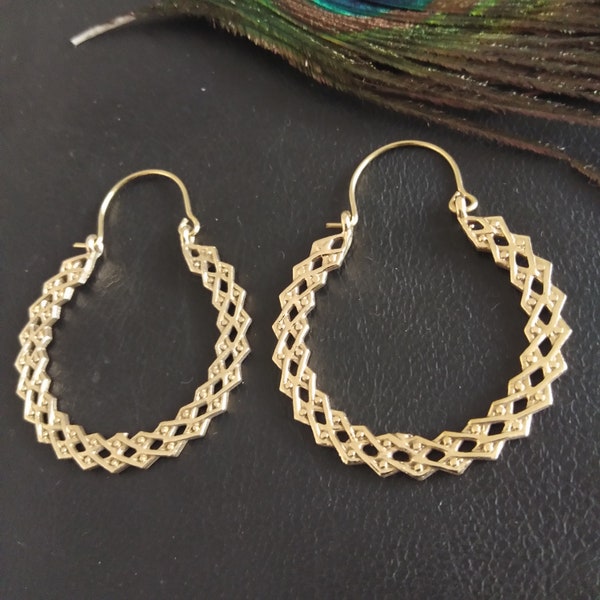 Boucles D'oreilles Créoles Dentelées || Créoles Ethniques Femme || Boucles d'Oreilles Orientales   || Bijoux Ethniques en Laiton