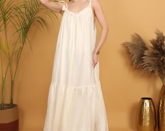 Off White Viscose Maxi Dress | Flowy Boho Summer Festival Outfit