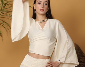 Off White Viscose Wrap Crop Top | Boho Bell Sleeve V Neck Blouse