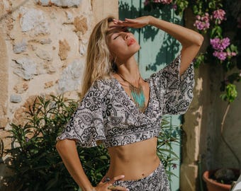 Boho Floral Print Top || Butterfly Sleeves Ethnic Print Crop Top || Summer Short Top