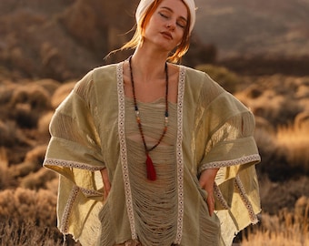 Bohemian Chic Poncho Top || Top Ethnic || Printed Hemp Top || Top Vegetable Dye Hand Printing || Almond Green Poncho