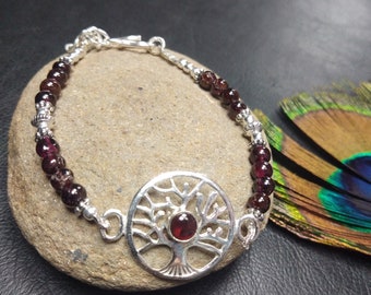 Bracelet Argenté en Perles de Pierres Semi Précieuses et Arbre de Vie || Bracelet Pierres Fines  || Bracelet Réglable Symbole Puissant