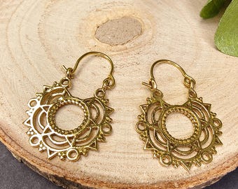 Small Bohemian Mandala Hoop Earrings || Mini Ethnic Openwork Brass Hoops || Filigree Rosette Round Earrings