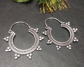 Silver Color Ethnic Hoops || Dots Decorated Hoops || Bohemian Chic Hoop Earrings || Round Shape Hoops || Women's Hoops