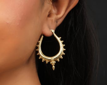 Tribal Teardrop Hoop Earrings With Dotted Edge | Ethnic Nomadic Inspired Brass Jewelry | Bohemian Hoops Adorned With Spike