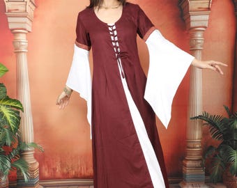 Long Burgundy And White Medieval Gown || Cotton Flared Pointed Sleeves Adorned With Jacquard Laces Dress || Bicolor Lace-Up Dress