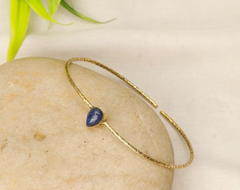 Thin Hammered Minimalist Cuff  Bracelet With Gemstones ||   Boho Brass Adjustable Bangle Bracelet Adorn With A Drop Shape Stone