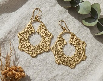 Boho Oriental Filigree Hoop Earrings | Ethnic Brass Mandala Earrings | Vintage Inspired Statement Jewelry | Brass Dangle Earrings