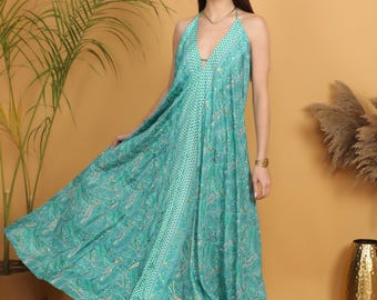 Turquoise Paisley Maxi Dress | Flowy Bohemian Halter Style Polyester Summer Outfit