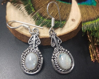 Silver Dangling Earrings With Semi Precious Stones || Bohemian Chic Ethnic Gemstone Earrings || Medieval  Drop Earring with Gem Stone