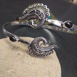 Brass Arm Bracelet with Peacock Patterns and Gemstones