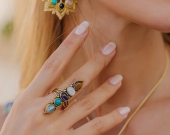 Long Multi Gemstones Ethnic Adjustable Brass Ring || Multicolor Bohemian Style Statement Ring ||  Handcrafted Elongated Design Ring