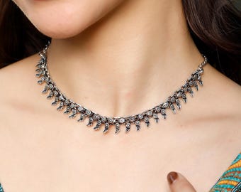 Thin Ethnic Silvered Choker Necklace || Adjustable Serrated Oriental Necklace  || Bohemian Afghan Style Necklace
