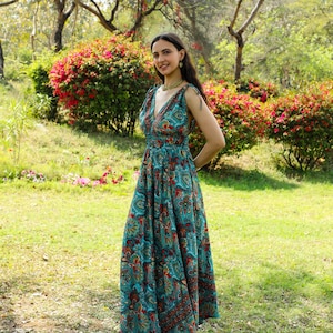 Goddess V Neckline Long Dress || Green Bohemian Dress With Open Back  || Paisley Print Polyester Dress with Adjustable Shoulders