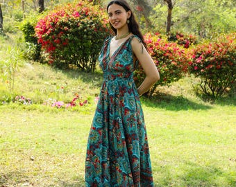 Goddess V Neckline Long Dress || Green Bohemian Dress With Open Back  || Paisley Print Polyester Dress with Adjustable Shoulders