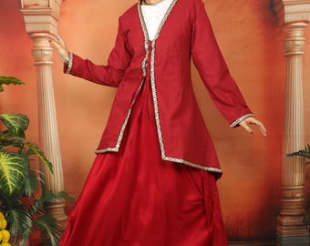 Medieval Oriental Wine Cotton Flaired Lace Up Tunic || Women's Long  Cosplay Long Sleeves Vest with Lacing Adorn With Floral Patterns Ribbon