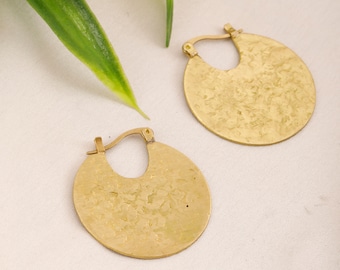 Textured Flat Disc Minimalist Hoop Earrings || Thin Simple Brass Hoops Earrings || Modern Gypsy Hoop Earrings