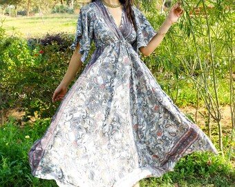 Grey Hilight With Golden Bohemian Butterfly Sleeves Maxi Dress || Open Back Paisley Print Maxi Dress || Loose Polyester Tie Back Dress