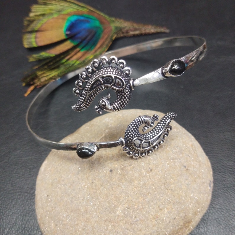Brass Arm Bracelet with Peacock Patterns and Gemstones