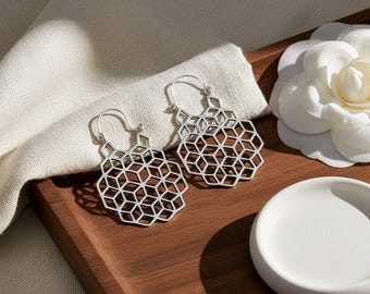 Geometric Honeycomb Hoop Earrings | Silver Tone Statement Earrings | Sacred Geometry Hexagon Earrings | Boho Minimal Jewelry Gift