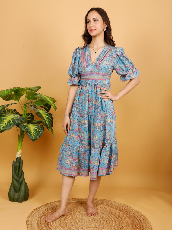 petite boho dresses with sleeves Women's Mini Dress Petite Dress Casual Dress Boho Dress Bohemia Vintage Ethnic Vacation Daily Regular Fit Floral Long Sleeve V Neck Blue Summer Spring 2026
