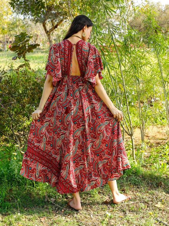 Burgundy Paisley Maxi Dress: Bohemian Butterfly Sleeves, Open Back - Etsy