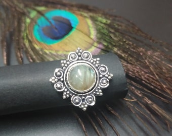 Adjustable Silver Brass Ring | Round Obsidian Gemstone, Bohemian Style