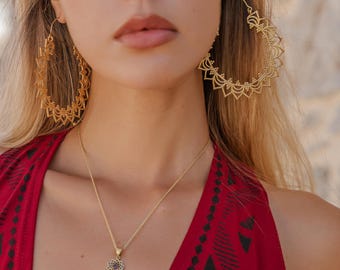 Extra Large Petal Pattern Hoop Earrings || Silver Color Ethnic Hoops || Oriental Mandala Earrings