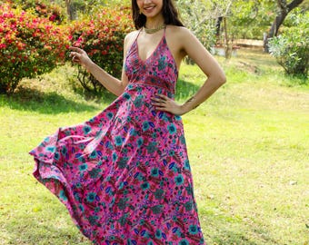 Bohemian Maxi Dress to Tie in the Back || Pink Floral Print Long Polyester Dress || Flowy Backless Flared Summer Dress