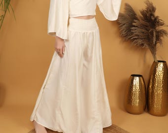 Off White Viscose Palazzo Pants | Smocked High Waist Boho Trousers