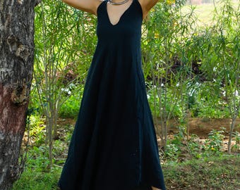 Plain Black Raw Cotton Goddess Dress || Woven Belt Tie-Back Dress ||  Earthly  Boho Black Vegetable Dye Dress