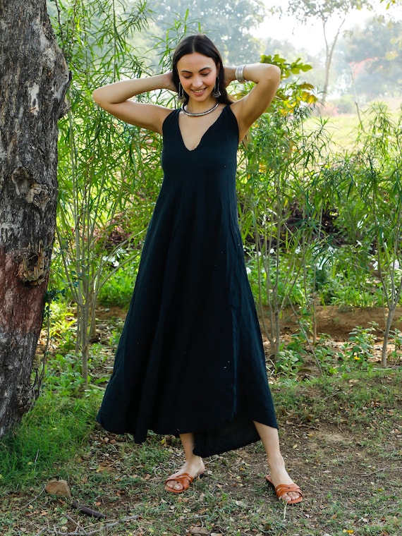 Handmade Black Raw Cotton Dress: Woven Belt Boho Tie-Back