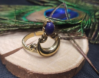 Golden Adjustable Ring || Adjustable Medieval Brass Ring || Golden Ethnic Ring || Half Moon Ring || Bohemian Natural Stones Ring