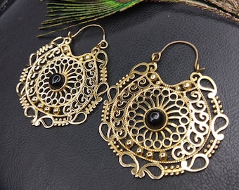 Large Golden Oriental Hoop Earrings with Semi Precious Stones || Boho Fine Stones Hoop Earrings || Openwork Ethnic Hoops