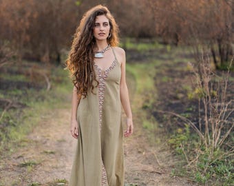 Free Size Dress Natural Material || Bohemian Alter Vegetable Dye Dress || Hemp Backless Dress || Lichen Green Dress