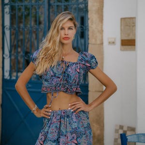 Puffy Sleeves Crop Top || Short Sleeves Paisley Print Top || Bohemian Crop Top To Tie In The Back || Boho Clothing