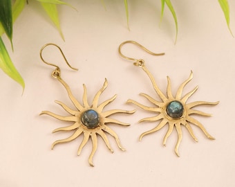 Gold Sunburst Earrings with Natural Gemstone Center | Celestial Sun Earrings | Handmade Boho Statement Jewelry | Gift for Her