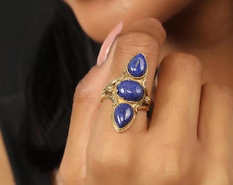 Ethnic Elongated Triple Natural Gemstone Ring |  Boho Adjustable Golden Tone Brass Jewelry