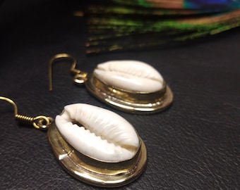 Golden Earrings with Cowrie || Brass Earrings with Shell || Dangling Ethnic Symbol Earrings