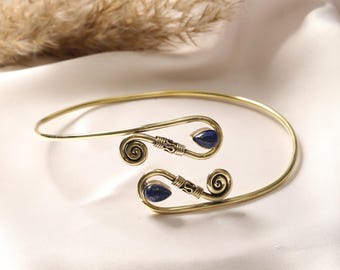 Spiral Wire Arm Cuff With Teardrop Gemstone Ends | Adjustable Upper Arm Bracelet | Celtic Swirl Brass Armband | Boho Festival Jewelry