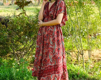 Burgundy Bohemian Butterfly Sleeves Maxi Dress || Open Back Paisley Print Maxi Dress || Loose Polyester Tie Back Dress