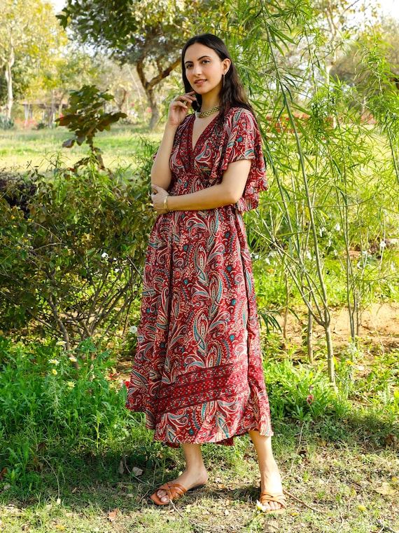 maxi dress butterfly sleeves Burgundy Paisley Maxi Dress: Bohemian Butterfly Sleeves, Open Back