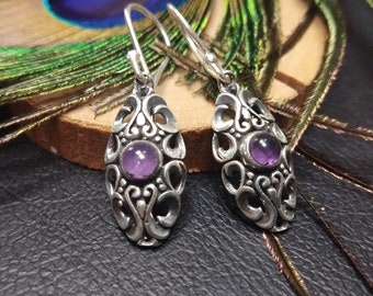 Tiny Victorian Silver Dangle Earrings || Tiny  Medieval Semi Precious Stones Earrings ||  Tiny Bohemian Earrings With Gemstone
