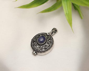 Boho Silver Tone Openable Box Pendant with Natural Stone | Ethnic Tribal Locket Necklace | Handmade Brass Box Pendant | Vintage Amulet