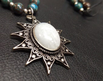 Handmade Chrysocolla Necklace and Silver Color Brass Ethnic Pendant || Moonstone Pendant Necklace || GemStone Bead Necklace