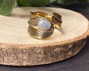 Adjustable Feather Wrap Ring With Oval Semi Precious Stone || Bohemian  Brass Ring || Ethnic Ring Symbole Of Inner Peace