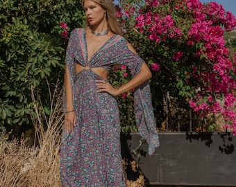 Long Sleeves Dress With Ring on the Front and Opening Above The Hips || Polyester Dress with Sides Slit || Long Dress  To Tie in the Back
