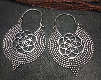 Seed of Life Hoop Earrings || Ethnic Creoles ||  Powerful Symbol Earrings || Openwork Silvered Hoop Earrings